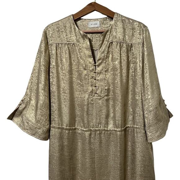 St. John Metallic Champagne V Neck Gown Size L Side Slit Luxe Maxi Dress - FLAWS - Picture 2 of 12